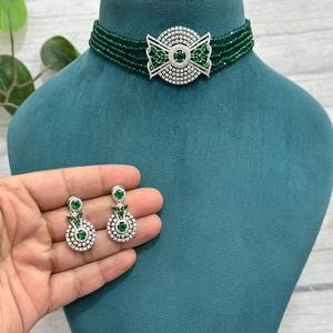 Beautiful Best Quality Designer Silver Finish CZ Stones Look Necklace <b>Set</b> With Earrings Wedding Wear Collection <b>for</b> <b>Women</b> - Product Image 1