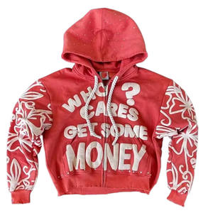 Ropa de calle personalizada para hombre, sudadera con cremallera recortada cuadrada, lavado ácido, Vintage, peso pesado, 500GSM, diamantes de imitación y para estampado de hojaldre para otoño - Product Image 1