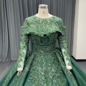 Robe de soirée longue ANY267, à sequins, à manches longues, motif en dentelle verte, pour soirée de gala - Product Image 3