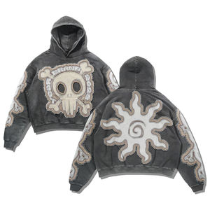 New Arrival Custom Design Logo Fashion Hip Hop Vintage Stone Washed Chenille Distressed Applique Embroidery Crop <b>Hoodies</b> - Product Image 4