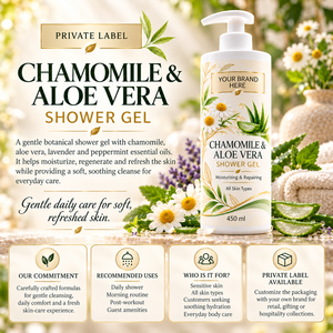 Gel de Baño de Manzanilla y Aloe Vera de Marca Privada 450ml |   Gel de Ducha Vegano Natural |   Fabricante OEM España - Product Image 3