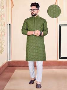 Heavy Traditional <b>Wear</b> Cotton Lucknowi Mirror Work Kurta Pajama <b>Mens</b> Collection - Product Image 4
