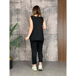 Ensemble deux pièces pour femme, chemisier à bretelles et col rond en viscose à deux fils et pantalon de survêtement, 26613 - Noir - Product Image 3