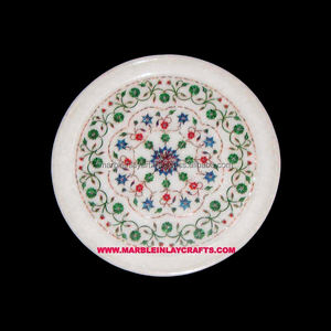 Assiette décorative en marbre exclusive, faite à la main, design floral unique, forme ronde, incrustation multicolore, pour cuisine et hôtel - Product Image 1