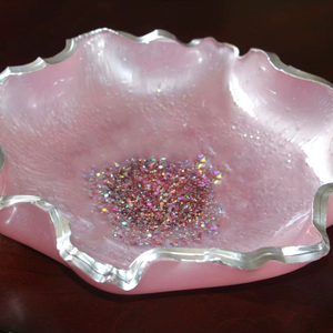 Alluring Pink Resin Decorative <b>Bowl</b> With <b>Silver</b> Glitter Detailing For Jewelry Storage Makeup Organizer Or Decorative Styling - Product Image 1