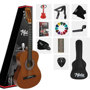 Kit de Guitarra Clásica Junior de 36 Pulgadas 3/4 para Niños de 8 a 12 Años, Tapa de Abeto, Funda, Capo, Correa, Púas, Libro de Métodos |   Midex CG-36BRW Caoba - Product Image 1
