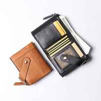 Dompet kulit asli model Vintage untuk pria, dompet kulit asli, dompet rantai kulit asli, penyimpan kartu penghalang RFID, dengan tombol ritsleting, pendek, untuk pria