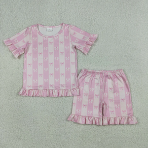 Ropa para Niñas, Conjunto de Verano con Camiseta de Manga Corta con Lazos Rosas y Rayas y Pantalones Cortos - Product Image 1