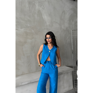Conjunto de chaleco y pantalón de lino azul para mujer con un solo botón - Product Image 4