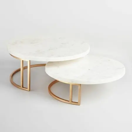 קפה שולחן שיש לבן למעלה בית מרכז שולחן פרימיום איכות נירוסטה מסגרת מפעל מכירה קפה שולחן סט של 2