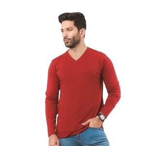 เสื้อยืดแขนยาวคอวีสำหรับผู้ชาย,สีแดงสีพื้นฐานสีพื้นสำหรับผู้ชายแบบเต็มตัว - Product Image 1