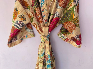 Handmade Kantha Robe and Jacket Japanese Style <b>Floral</b> Print Winter Coat with Boho <b>Tie</b> Belt Varsity Jacket - Product Image 6