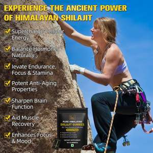 Complément alimentaire en gommes de Shilajit de l'Himalaya, plus de 85 minéraux traces, acide fulvique, sans sucre, 60 gommes en bouteille, qualité alimentaire, énergie, immunité - Product Image 2