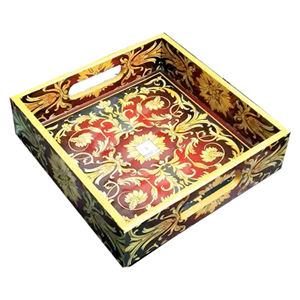 ถาดไม้2024เสิร์ฟมีสไตล์ใหม่ถาดไม้เคลือบฟันพิมพ์ลายสำหรับเสิร์ฟอาหารเช้าทำด้วยมือถาดไม้ - Product Image 1