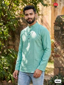 Vêtements pour hommes, prêt-à-porter, kurta court en lin khadi avec motif de boutons en bois, pour toutes les occasions et célébrations, kurta décontracté - Product Image 3