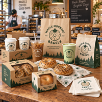Ensemble d'emballages en papier pour bagels personnalisés AT PACK avec sacs imprimés, papier d'emballage, boîtes, gobelets à café et fournitures à emporter pour café