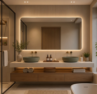 Mueble de Baño Moderno Flotante con Chapa de Madera, Espejo LED, Lavabo Doble y Encimera de Piedra Sólida