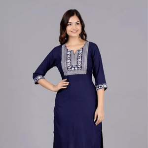 Elegante Kurti Recto Azul Marino Bordado para Mujer, Combina la Comodidad Diaria con un Encanto Étnico Refinado - Product Image 1
