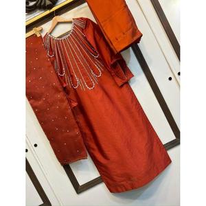Robe fourreau élégante et tendance en satin pour filles, col montant, manches trois quarts, ornée à la main, naturelle - Product Image 6
