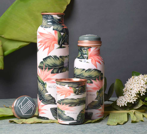 AK Brass Leaf & Floral Print Copper <b>Water</b> <b>Bottles</b> with Glass in Multi Color Finished Set of 3 For Daily Use / Traveling - Product Image 1