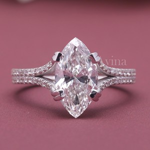 IGI Certified Lab Grown Marquise Cut Diamond <b>Split</b> Shank Engagement <b>Ring</b> 18K Gold Pavé Diamond <b>Ring</b> - Product Image 1