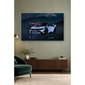 Impression sur toile de la BMW i8 Fida White Widebody la nuit devant le mont Fuji - Product Image 5