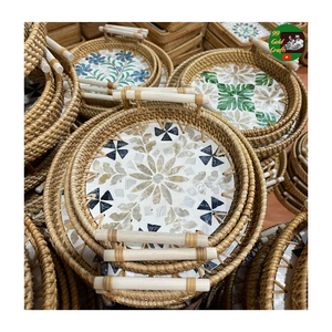 Plateau de service en rotin, mosaïque de nacre mélangée, plateau naturel fait à la main pour restaurant, incrustation de nacre ronde artisanale - Product Image 3