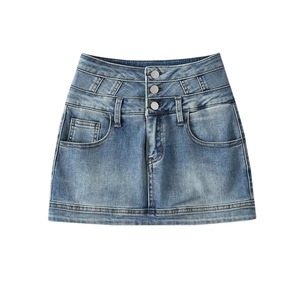 กระโปรงผ้ายีนส์ Y2K สีทึบสไตล์วินเทจสำหรับสตรีทแวร์น่ารักสำหรับฤดูร้อนแต่งโลโก้ตรงเอวสำหรับฤดูใบไม้ผลิและใบไม้ร่วง - Product Image 1