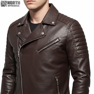 Blouson en cuir noir élégant pour homme avec empiècements côtelés zippés sur les manches et poches latérales sur la poitrine Blouson en cuir pour homme - Product Image 5