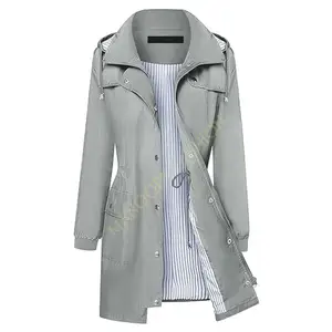 Fashionable Women's Hooded Rain Jacket Grey Rain Coat Lightweight And Waterproof Windbreaker With Stripes For Outdoor Climbing