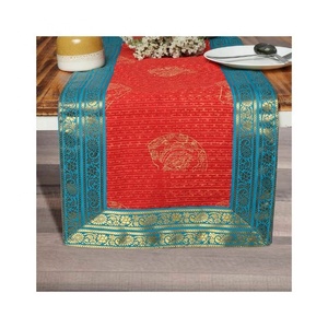 Top Class Silk Border Red & Blue Embroidered 100% Organic Cotton GOTS Certificate With Lace Wedding Party Office Modern <b>Runners</b> - Product Image 1