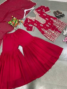 Lancement d'un nouveau look de soirée de créateur, haut fantaisie Dupatta et pantalon entièrement cousu avec séquence de broderie, costume de robe de travail - Product Image 6