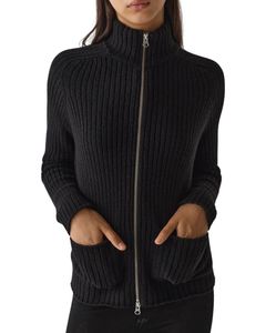 Suéter Cárdigan de Punto Acanalado con Cierre para Mujer, Cuello Alto, Manga Larga, Invierno, Cálido, Tejido Texturizado, Color Negro, Moda Casual - Product Image 5