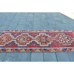 พรมวินเทจ, พรมวิ่งขนาด 2.8x9.7 ฟุต, พรมขนสัตว์สีแดงสไตล์ตะวันตกเฉียงใต้แบบตุรกี - Product Image 3