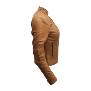 Ladies 100% Breathable Brown Genuine-<b>Lambskin</b> <b>Leather</b> Tan-Biker Long Zippers Women's <b>Jacket</b> For Spring and Autumn Wears - Product Image 2