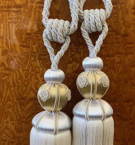 Curtain Tie Back Grey & White-Gold Long Tassel 13 Inch Rope <b>Tieback</b> Rustic <b>Tieback</b>, Drapery Decor, Handmade Home Decor - Product Image 3