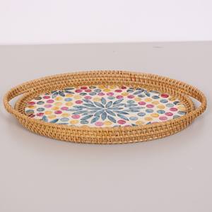 Eco Friendly Mother Of Pearl With Rattan Serving <b>Tray</b> Oval Color Dot Pattern Handmade Bulk For Hospitality Storage Food <b>Drinks</b> - Product Image 6