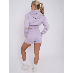 Femmes longueur décontracté solide polaire à capuche et short 2 pièces ensemble uni en gros 2 pièces ensembles pour femmes - Product Image 3