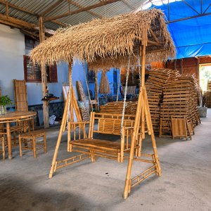 Outdoor Bamboo <b>Swing</b> Seat with Thatch Roof Handmade Bamboo Patio Furniture Wholesale OEM ODM Factory - Product Image 1