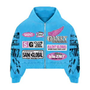 Personnalisé brillant ne tombe pas polaire surdimensionné Vintage acide lavage clouté strass en détresse sweat à capuche zippé hommes 100% coton hiver - Product Image 3