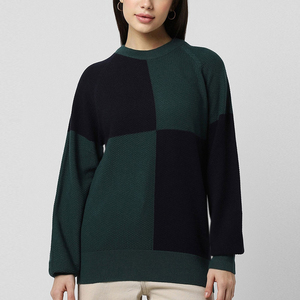 Pull tendance à blocs de couleurs et à carreaux, coupe ample, patchwork, tricot gaufré, pull décontracté à col rond, pulls tendance - Product Image 1