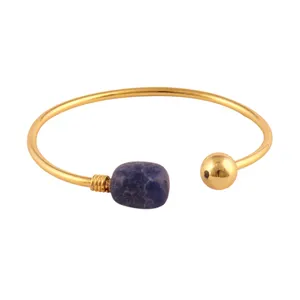 Lapis lazuli naturel plaqué or 24k, bracelet ouvert réglable en forme de boule, bracelet manchette cabochon, joli bijou cadeau pour mère - Product Image 1