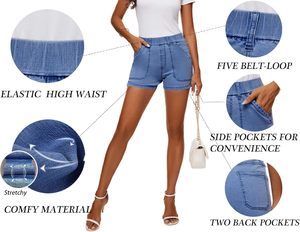 Short en jean pour femme taille haute été coton extensible décontracté sur la plage short en jean taille élastique avec poches - Product Image 2