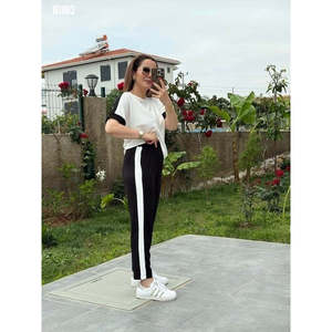 Conjunto de Tela Modal Texturizada de Manga Corta para Mujer con Rayas Laterales, 36843 - Negro - Product Image 2