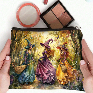 Sac cosmétique tendance pour femme en PU grande capacité avec fermeture éclair - Sac à main double face imprimé citrouille sorcière Halloween pour articles de toilette - Product Image 4