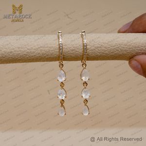 Pendientes de piedras preciosas de Luna arcoíris naturales, joyería colgante de gota de diamante pavimentado, pendientes de tres gotas hechos a mano - Product Image 2