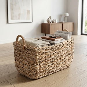 Natural Water Hyacinth Seagrass <b>Storage</b> <b>Basket</b> <b>Rectangular</b> Bin Chunky Braid Arch Handle Table Planter Pure Art Setup Room Decor - Product Image 5