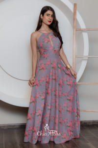 Elegante vestido de noche largo con estampado floral para damas cuello Halter bordado acampanado Georgette estampado completo cuello barco - Product Image 5