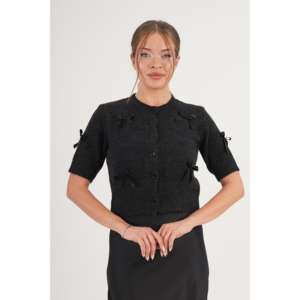 เสื้อคาร์ดิแกนถักแขนสั้นสีแอนทราไซต์สำหรับผู้หญิง ขายส่ง ดีไซน์โบว์ริบบิ้น - Product Image 4