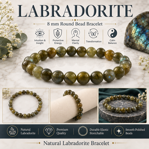 Bracelet en cristal de labradorite naturelle, perles rondes de 8 mm, pour hommes - Protection, intuition, concentration et énergie positive - Product Image 3